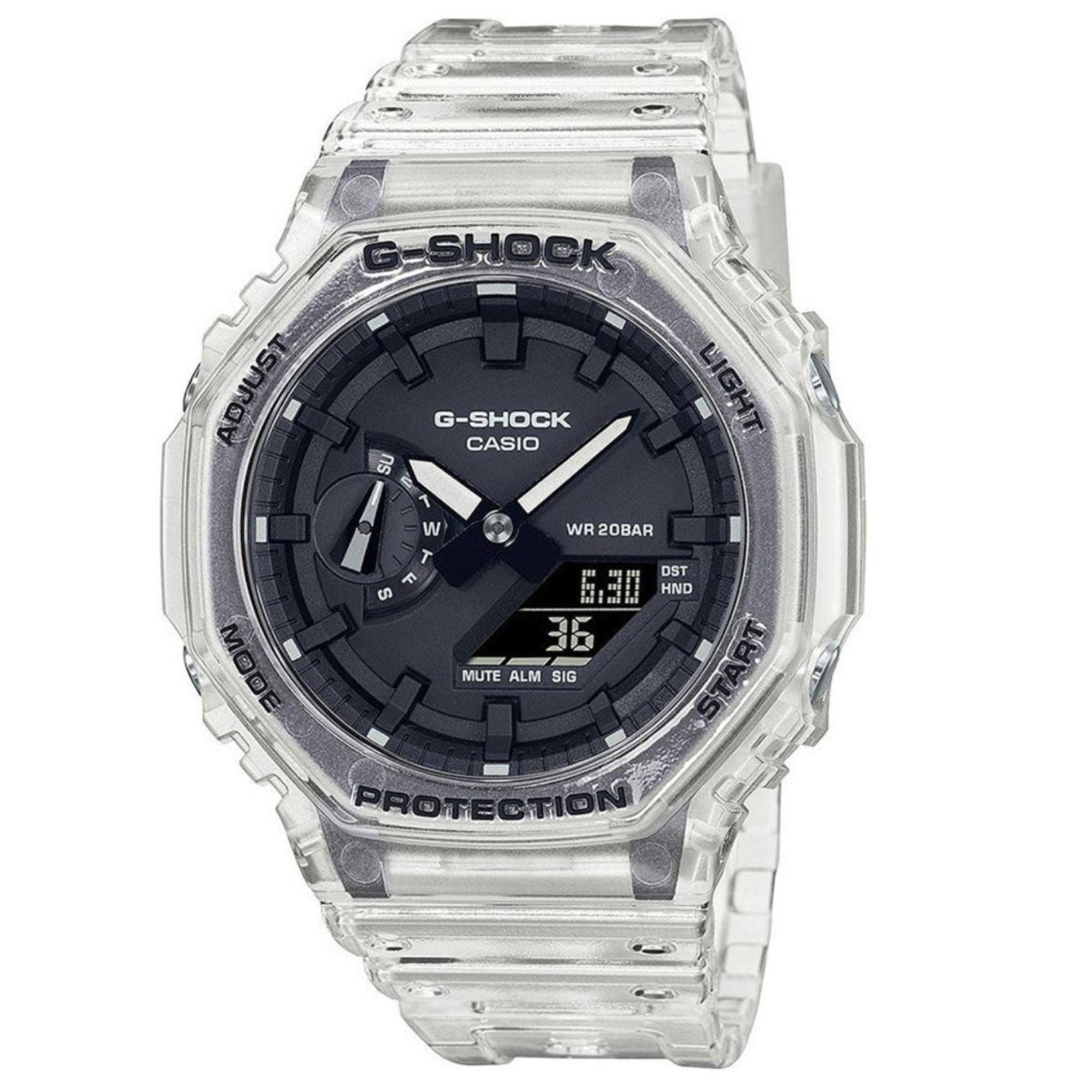 Ρολόι χρονογράφος Casio G-Shock GA-2100SKE-7AER με διάφανο καουτσούκ λουράκι, μαύρο καντράν σε οκτάγωνο σχημα με ψηφιακή ένδειξη και στεγανότητα 20ATM-200Μ.