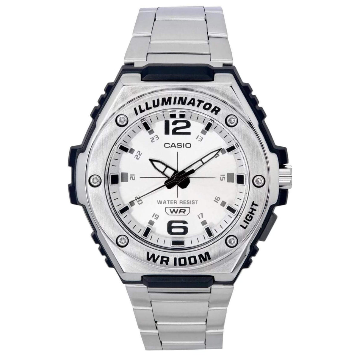 Ρολόι Casio Illuminator MWA-100HD-7AV με ασημί μεταλλικό μπρασελέ και ασημί  καντράν με αναλογική ένδειξη, αδιάβροχο στα 10ATM-100M.