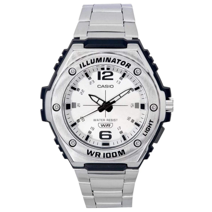 Ρολόι Casio Illuminator MWA-100HD-7AV με ασημί μεταλλικό μπρασελέ και ασημί  καντράν με αναλογική ένδειξη, αδιάβροχο στα 10ATM-100M.