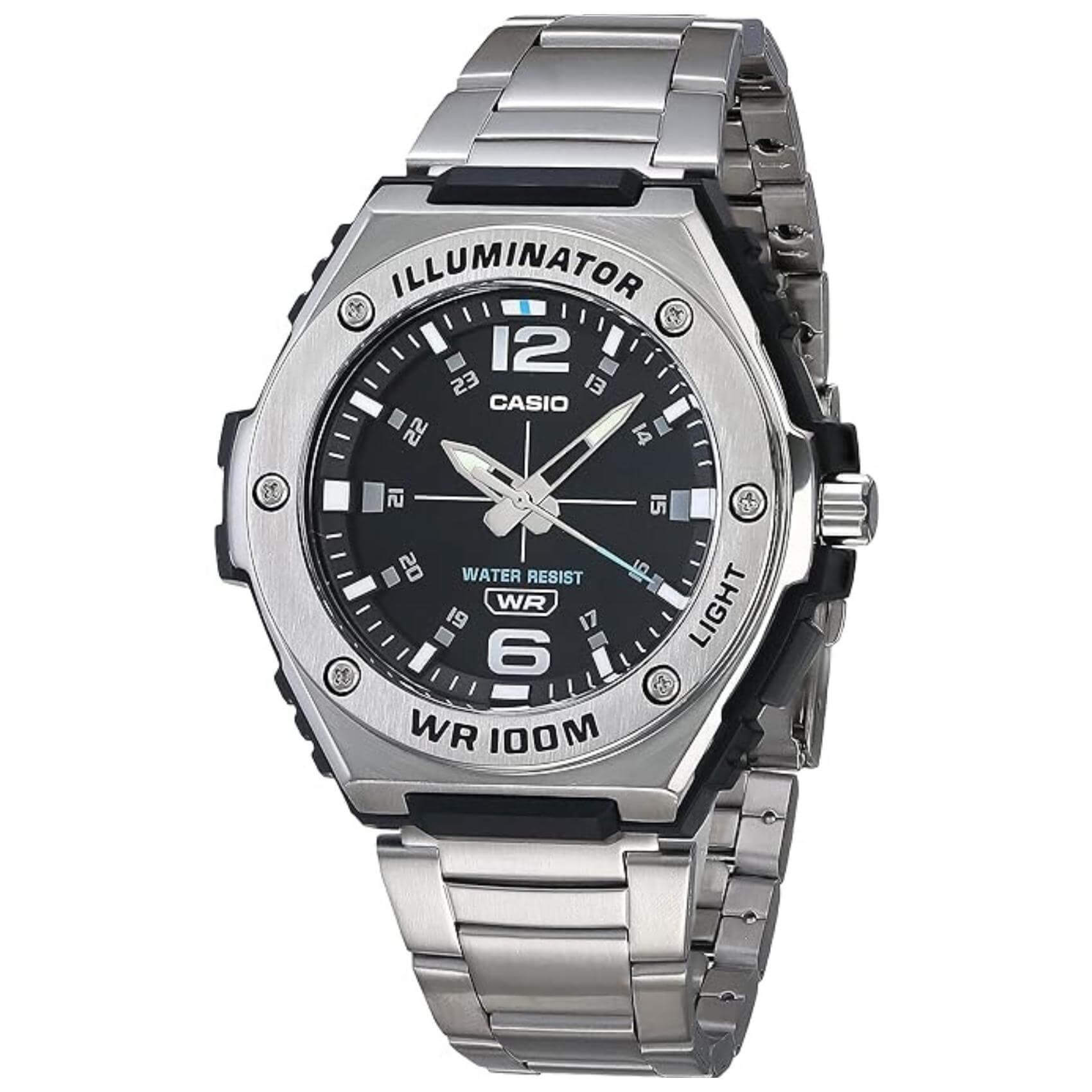 Ρολόι Casio Illuminator WS-1400H-1AVEF με ασημί μεταλλικό μπρασελέ και μαύρο καντράν με αναλογική ένδειξη, αδιάβροχο στα 10ATM-100M.