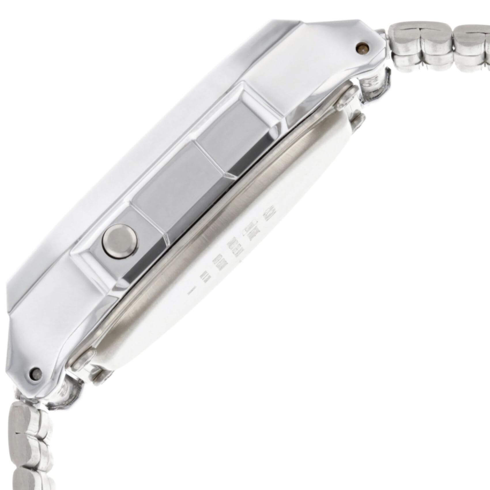Τετράγωνο ρολόι Casio Vintage Iconic A-168WEM-2EF με ασημί ατσάλινο μπρασελέ, τιρκουάζ καντράν σε τετράγωνο σχήμα και ψηφιακή ένδειξη.