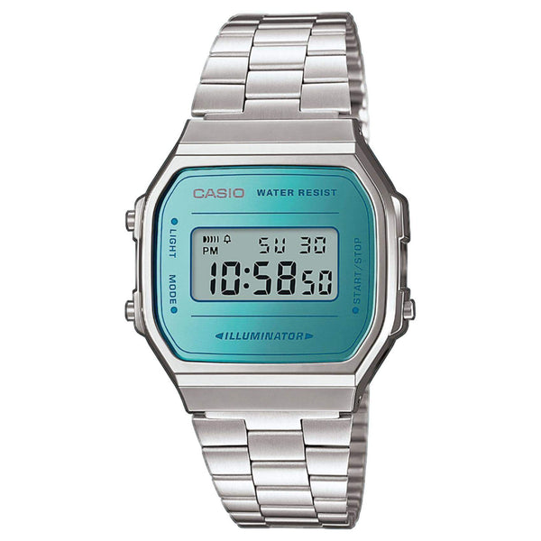Τετράγωνο ρολόι Casio Vintage Iconic A-168WEM-2EF με ασημί ατσάλινο μπρασελέ, τιρκουάζ καντράν σε τετράγωνο σχήμα και ψηφιακή ένδειξη. 