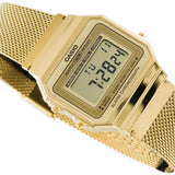 Ρολόι Casio Vintage A-700WEMG-9AEF με χρυσό ατσάλινο μπρασελέ και χρυσό καντράν σε τετράγωνο σχήμα με ψηφιακή ένδειξη.