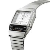 Τετράγωνο ρολόι Casio Vintage AQ-800E-7AEF anadigi με ασημί ατσάλινο μπρασελέ και ασημί τετράγωνο καντράν και αναλογική-ψηφιακή ένδειξη ώρας.