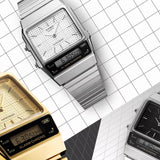 Τετράγωνο ρολόι Casio Vintage AQ-800E-7AEF anadigi με ασημί ατσάλινο μπρασελέ και ασημί τετράγωνο καντράν και αναλογική-ψηφιακή ένδειξη ώρας.