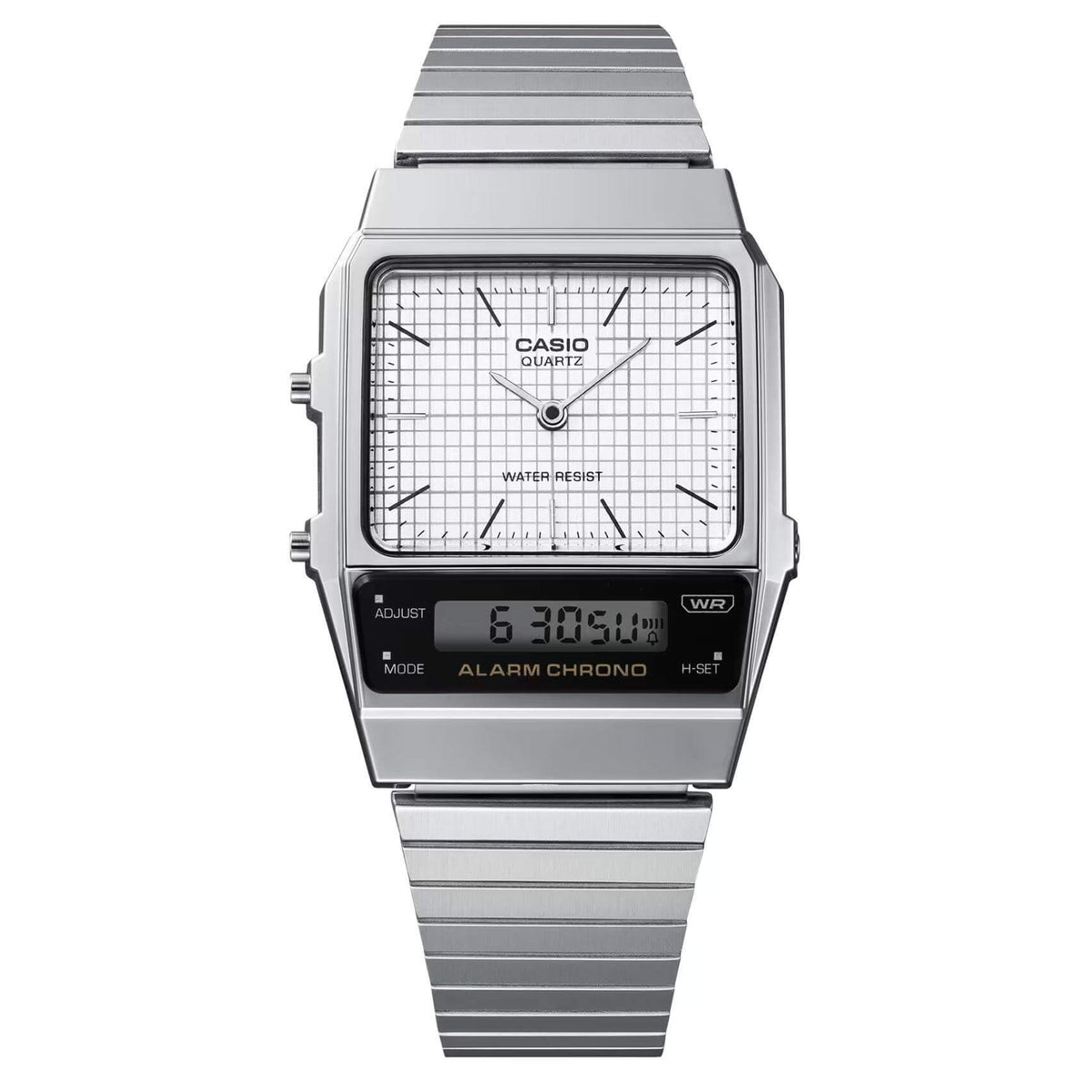 Τετράγωνο ρολόι Casio Vintage AQ-800E-7AEF anadigi με ασημί ατσάλινο μπρασελέ και ασημί τετράγωνο καντράν και αναλογική-ψηφιακή ένδειξη ώρας.