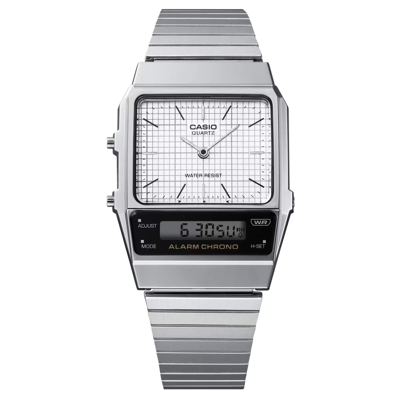 Τετράγωνο ρολόι Casio Vintage AQ-800E-7AEF anadigi με ασημί ατσάλινο μπρασελέ και ασημί τετράγωνο καντράν και αναλογική-ψηφιακή ένδειξη ώρας.
