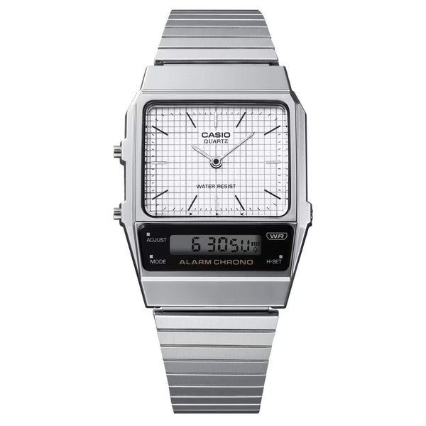 Τετράγωνο ρολόι Casio Vintage AQ-800E-7AEF anadigi με ασημί ατσάλινο μπρασελέ και ασημί τετράγωνο καντράν και αναλογική-ψηφιακή ένδειξη ώρας.
