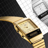 Τετράγωνο ρολόι Casio Vintage AQ-800EG-9AEF anadigi με χρυσό ατσάλινο μπρασελέ και χρυσό τετράγωνο καντράν και αναλογική-ψηφιακή ένδειξη ώρας.