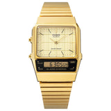 Τετράγωνο ρολόι Casio Vintage AQ-800EG-9AEF anadigi με χρυσό ατσάλινο μπρασελέ και χρυσό τετράγωνο καντράν και αναλογική-ψηφιακή ένδειξη ώρας.