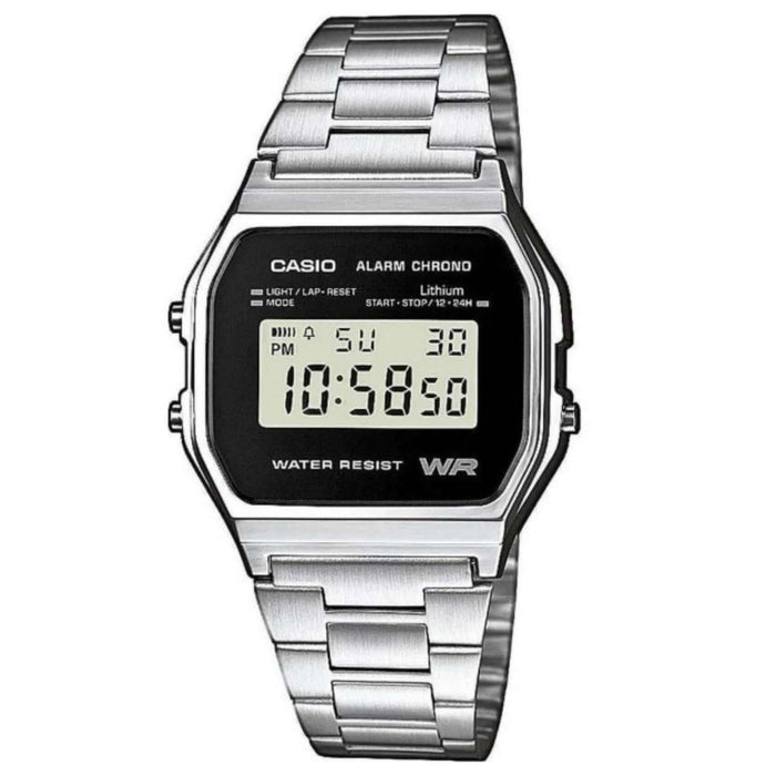 Ρολόι Casio Vintage Iconic A-158WEA-1EF με ασημί μπρασελέ και ψηφιακή ένδειξη.