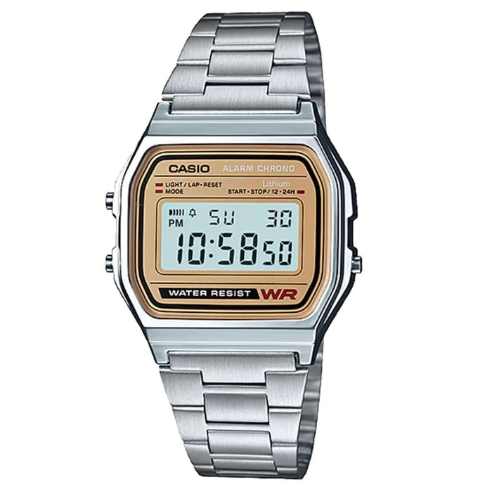 Ρολόι Casio Vintage Iconic A-158WEA-9EF με ασημί μπρασελέ και ψηφιακή ένδειξη.