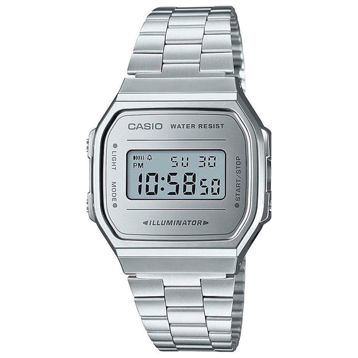 Ρολόι χρονογράφος  Casio Vintage A-168WEM-7EF με ασημί ατσάλινο μπρασελέ, ασημί καντράν σε τετράγωνο σχημα με ψηφιακή ένδειξη και στεγανότητα 3ATM-30Μ.