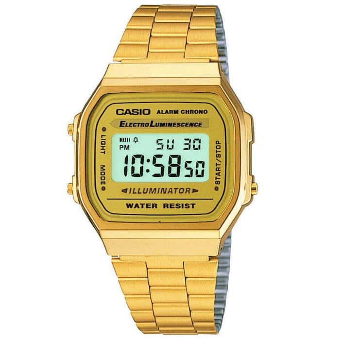 Ρολόι χρονογράφος Casio Vintage Iconic A-168WG-9EF με χρυσό ατσάλινο μπρασελέ, χρυσό καντράν σε τετράγωνο σχημα με ψηφιακή ένδειξη και στεγανότητα 5ATM-50Μ.