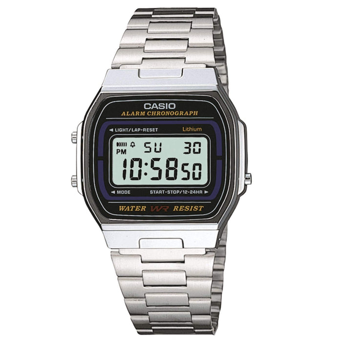 Ρολόι χρονογράφος  Casio Vintage A-164WA-1VES με ασημί ατσάλινο μπρασελέ, ασημί καντράν σε τετράγωνο σχημα με ψηφιακή ένδειξη και στεγανότητα 1ATM-10Μ.