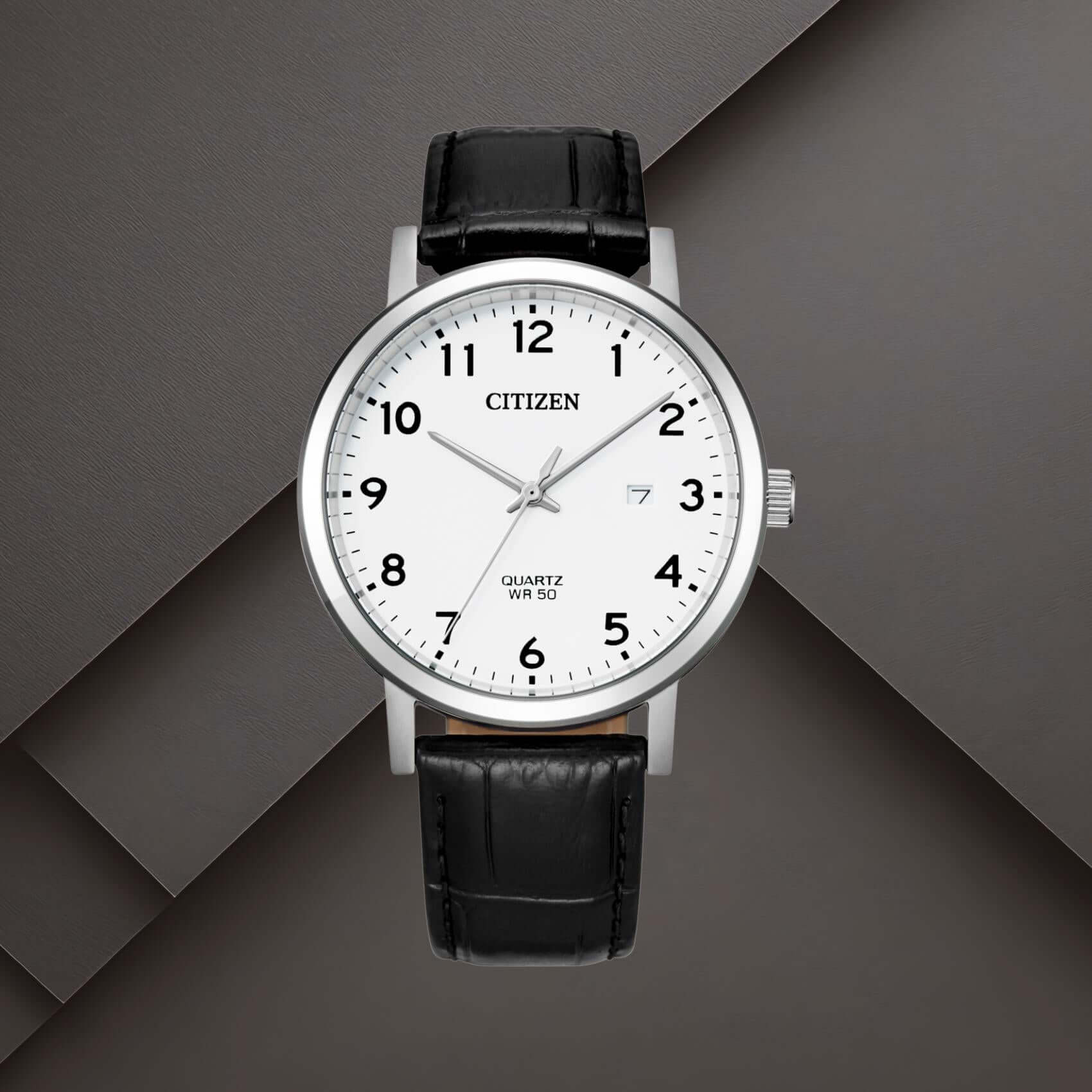 Ανδρικό ρολόι Citizen BI5070-06A με λευκό καντράν 40.2mm, ένδειξη ημερομηνίας και μαύρο δερμάτινο λουράκι.