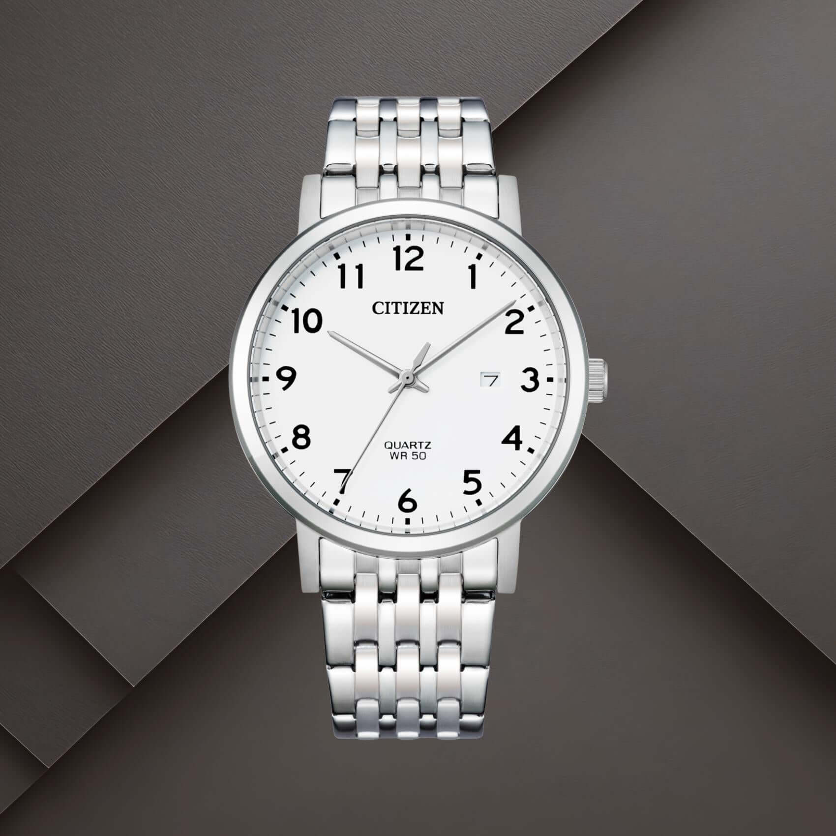Ανδρικό ρολόι Citizen BI5070-57A με λευκό καντράν 40.2mm, ένδειξη ημερομηνίας και ασημί μπρασελέ.
