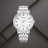 Ανδρικό ρολόι Citizen BI5070-57A με λευκό καντράν 40.2mm, ένδειξη ημερομηνίας και ασημί μπρασελέ.