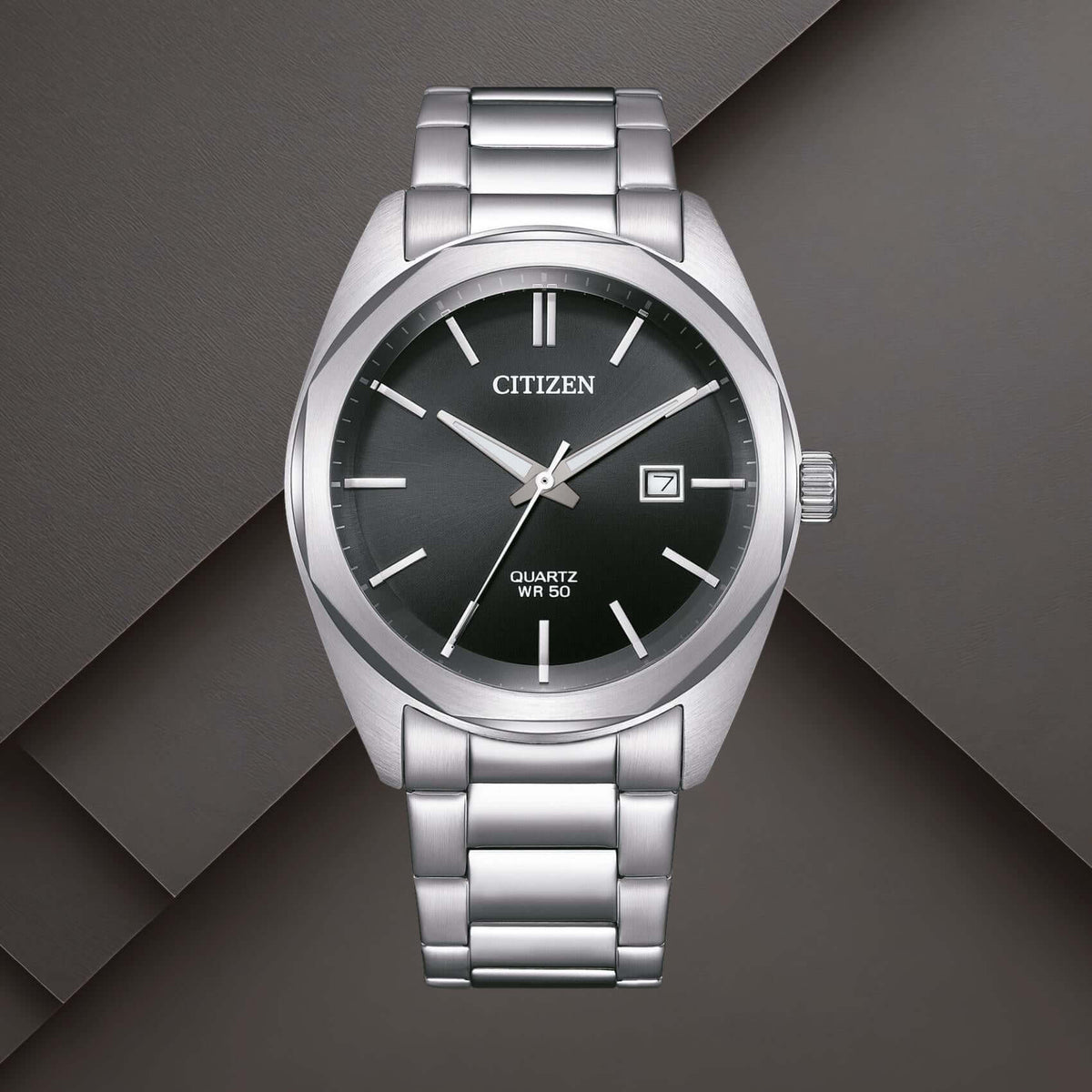 Ανδρικό ρολόι Citizen BI5110-54E με μαύρο καντράν 41mm, ένδειξη ημερομηνίας και ασημί μπρασελέ.