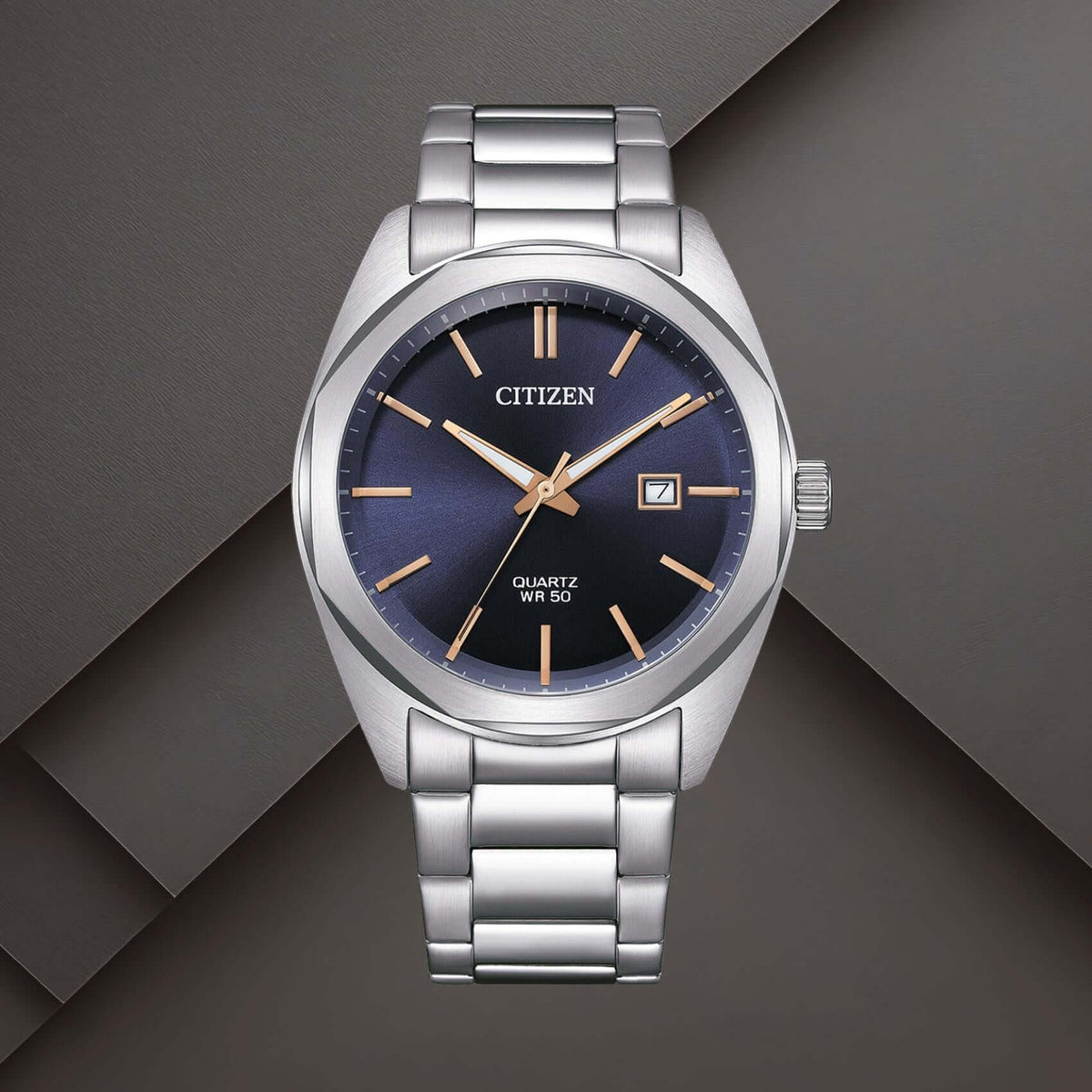 Ανδρικό ρολόι Citizen BI5110-54H με μπλε καντράν 41mm, ένδειξη ημερομηνίας και ασημί μπρασελέ.