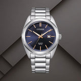 Ανδρικό ρολόι Citizen BI5110-54H με μπλε καντράν 41mm, ένδειξη ημερομηνίας και ασημί μπρασελέ.