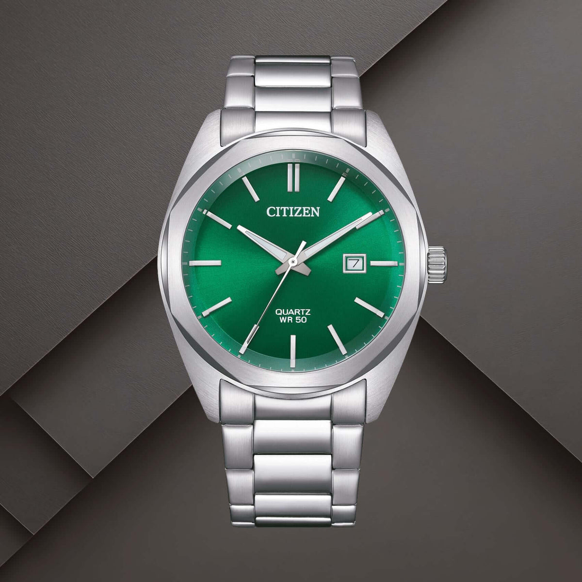 Ανδρικό ρολόι Citizen BI5110-54X με πράσινο καντράν 41mm, ένδειξη ημερομηνίας και ασημί μπρασελέ.