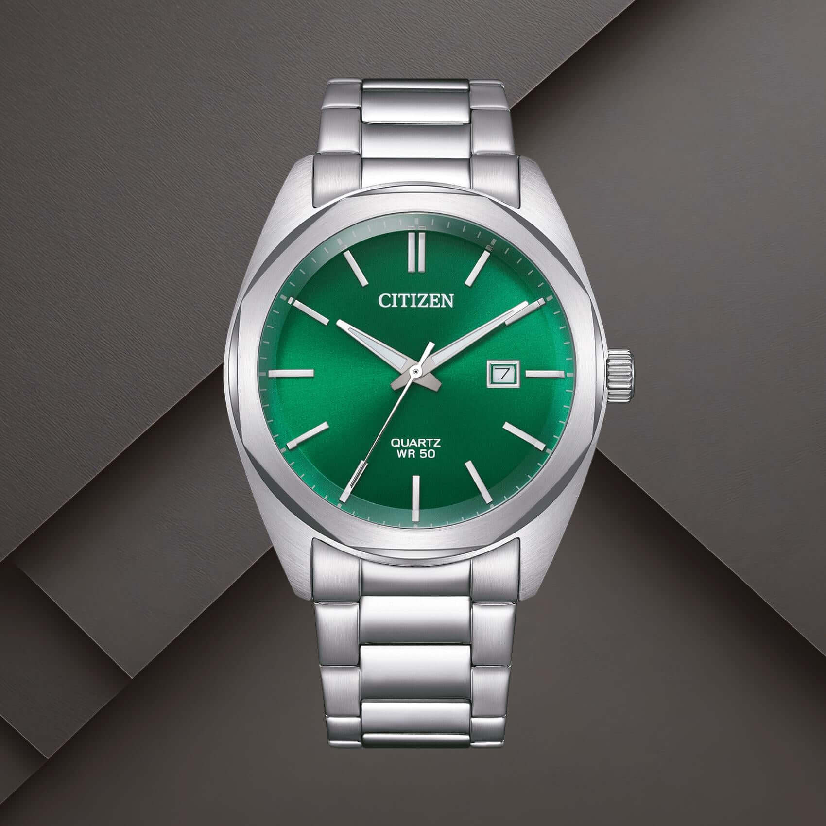 Ανδρικό ρολόι Citizen BI5110-54X με πράσινο καντράν 41mm, ένδειξη ημερομηνίας και ασημί μπρασελέ.