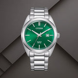 Ανδρικό ρολόι Citizen BI5110-54X με πράσινο καντράν 41mm, ένδειξη ημερομηνίας και ασημί μπρασελέ.