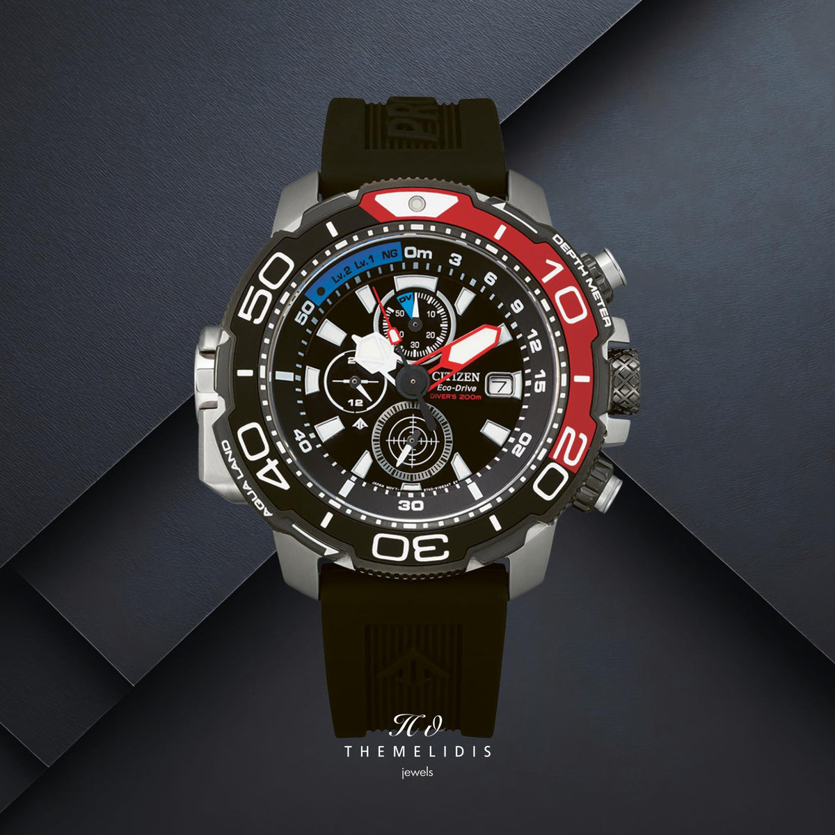 Καταδυτικό ρολόι Citizen Promaster Aqualand BJ2167-03E με μαύρο καντράν 47mm, κόκκινες λεπτομέρειες και μετρητή βάθους.