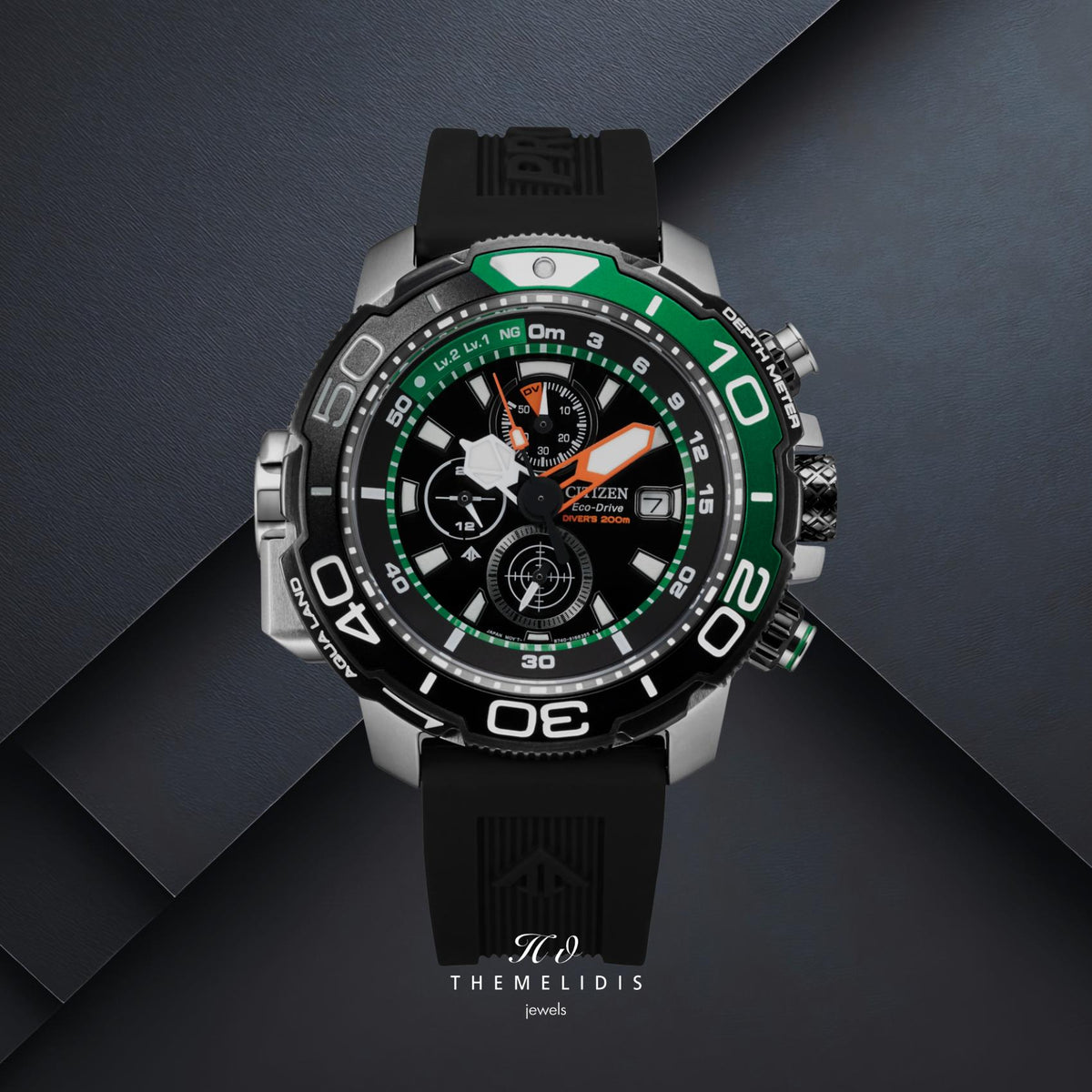 Ανδρικό καταδυτικό ρολόι Citizen Promaster Aqualand BJ2168-01E με μαύρο καντράν 47mm, πράσινες λεπτομέρειες και μονόδρομη περιστρεφόμενη στεφάνη.