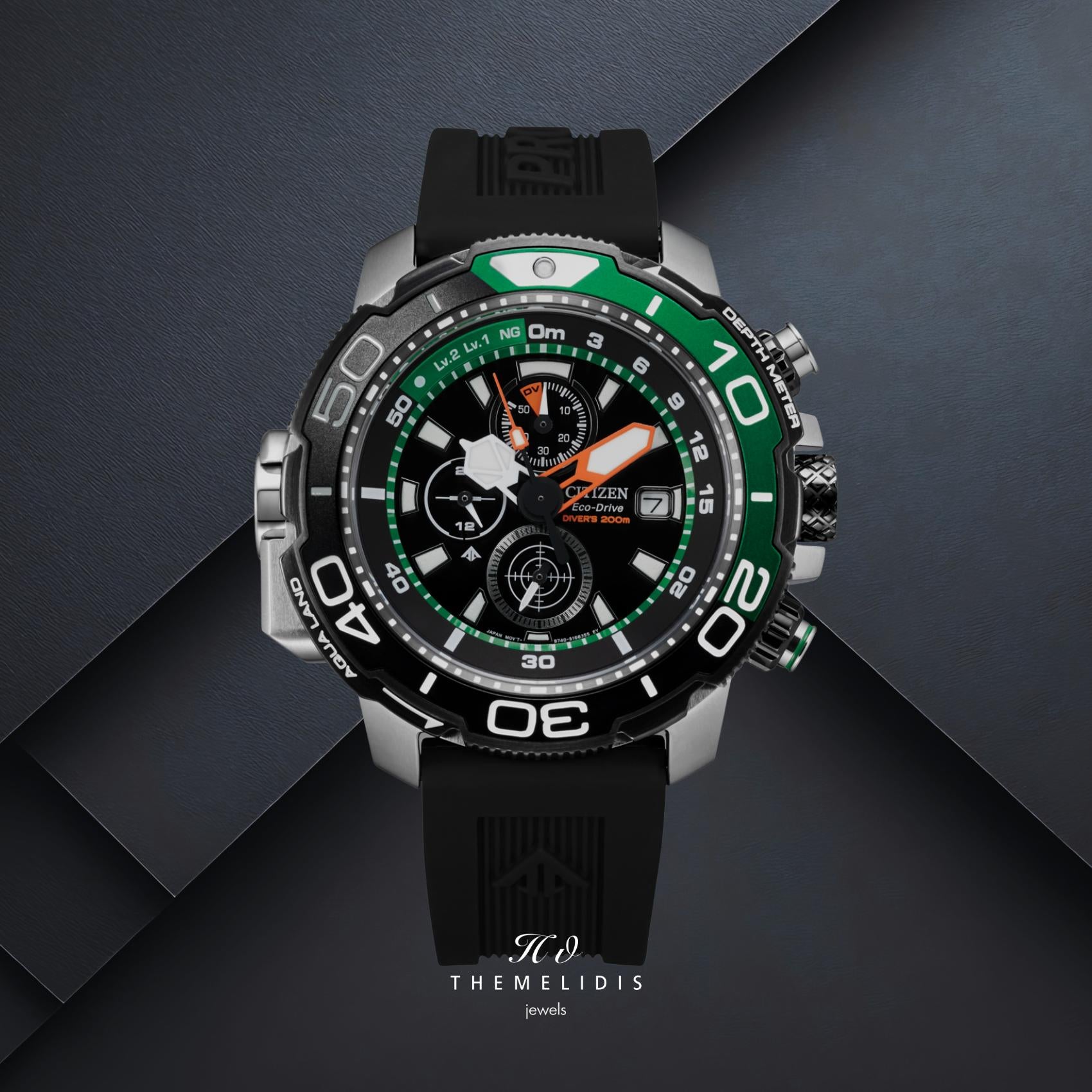 Ανδρικό καταδυτικό ρολόι Citizen Promaster Aqualand BJ2168-01E με μαύρο καντράν 47mm, πράσινες λεπτομέρειες και μονόδρομη περιστρεφόμενη στεφάνη.