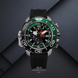 Ανδρικό καταδυτικό ρολόι Citizen Promaster Aqualand BJ2168-01E με μαύρο καντράν 47mm, πράσινες λεπτομέρειες και μονόδρομη περιστρεφόμενη στεφάνη.