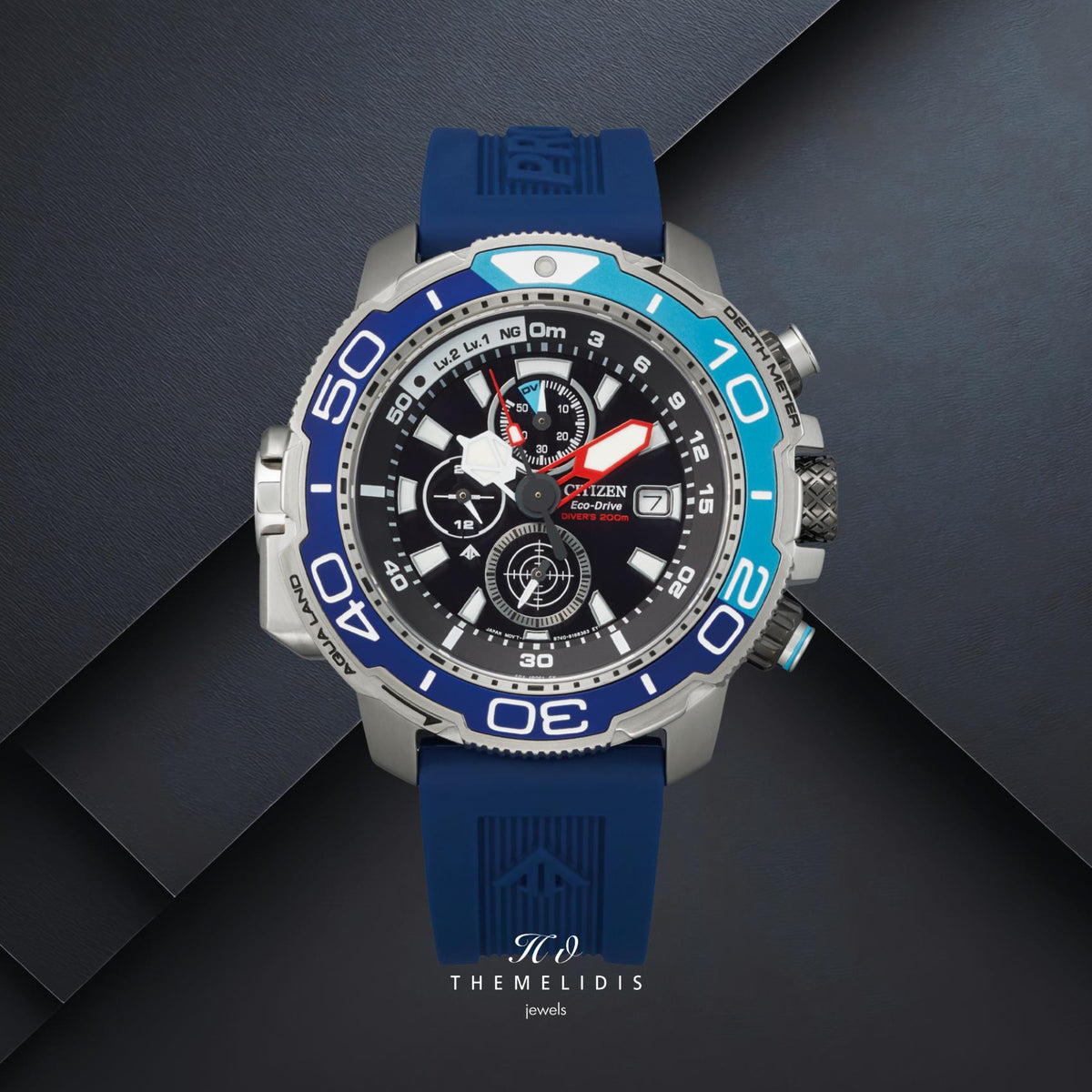 Καταδυτικό ρολόι Citizen Promaster Aqualand BJ2169-08E με μαύρο καντράν 47mm, μπλε λεπτομέρειες και μονόδρομη περιστρεφόμενη στεφάνη.