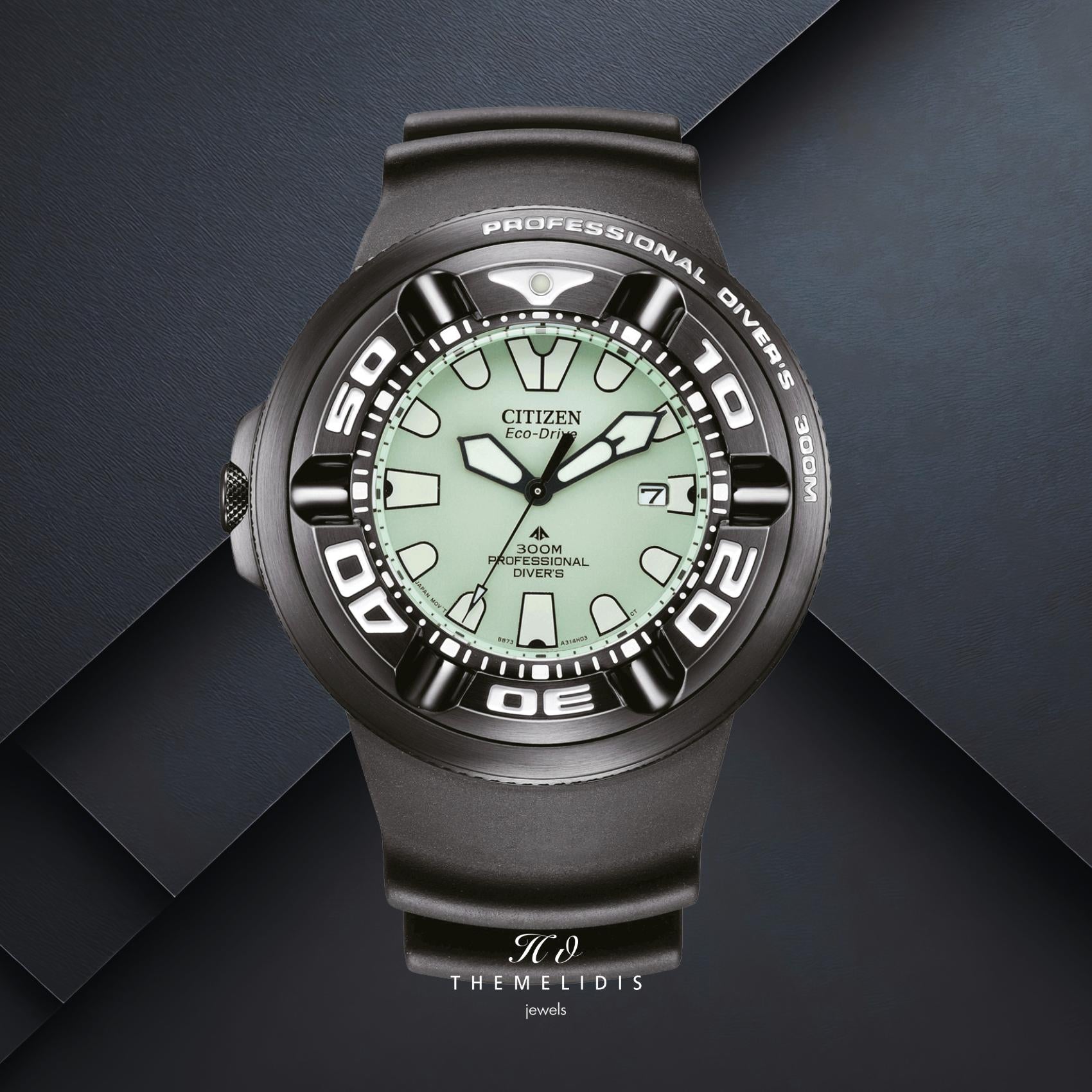 Καταδυτικό ρολόι Citizen Promaster Professional Diver 300 BJ8055-04X με πράσινο καντράν 48mm και μαύρο λουράκι από καουτσούκ.