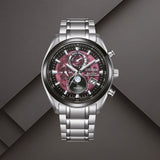 Citizen BY1018-80X ανδρικό ρολόι Eco-Drive Tsuki-yomi με ασημί μπρασελέ από τιτάνιο, κόκκινο καντράν 43mm και ένδειξη φάσεων της σελήνης.