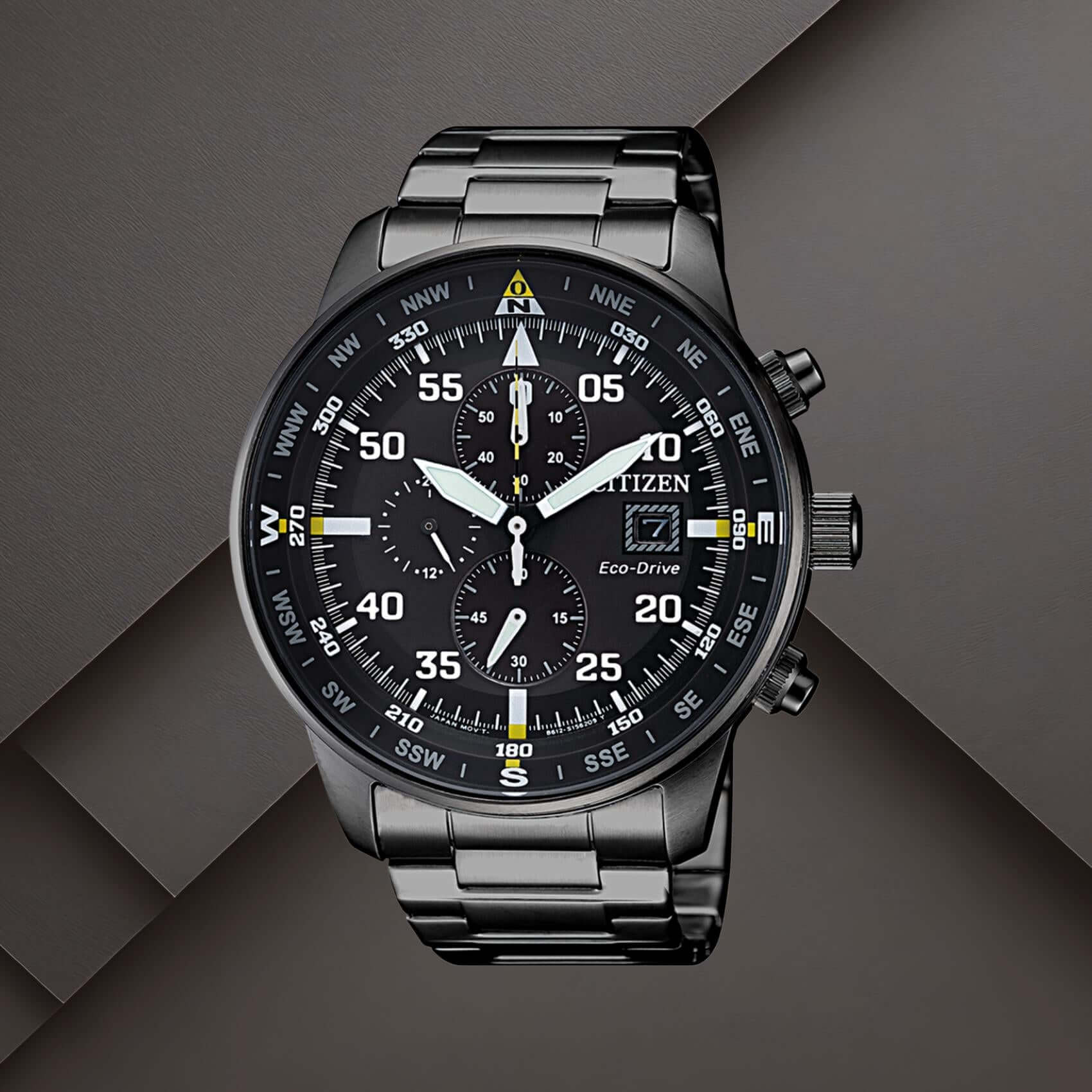 Citizen CA0695-84E ανδρικό ρολόι Eco-Drive χρονογράφος με μαύρο μπρασελέ, μαύρο καντράν 44mm και ένδειξη ημερομηνίας.