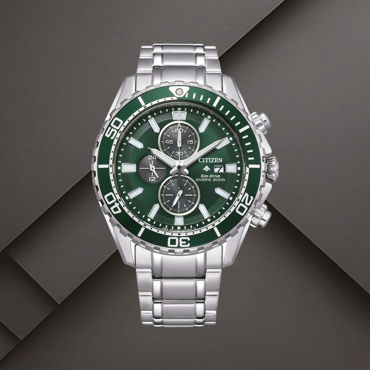 Ανδρικό ρολόι Citizen Promaster Eco-Drive CA0820-50X με πράσινο καντράν 45mm, χρονογράφο και ασημί μπρασελέ.