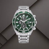 Ανδρικό ρολόι Citizen Promaster Eco-Drive CA0820-50X με πράσινο καντράν 45mm, χρονογράφο και ασημί μπρασελέ.