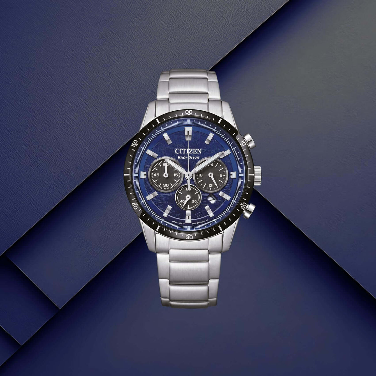 Ανδρικό ρολόι Citizen Eco-Drive CA4624-56L με μπλε καντράν 39mm, χρονογράφο, ένδειξη ημερομηνίας και ασημί μπρασελέ.