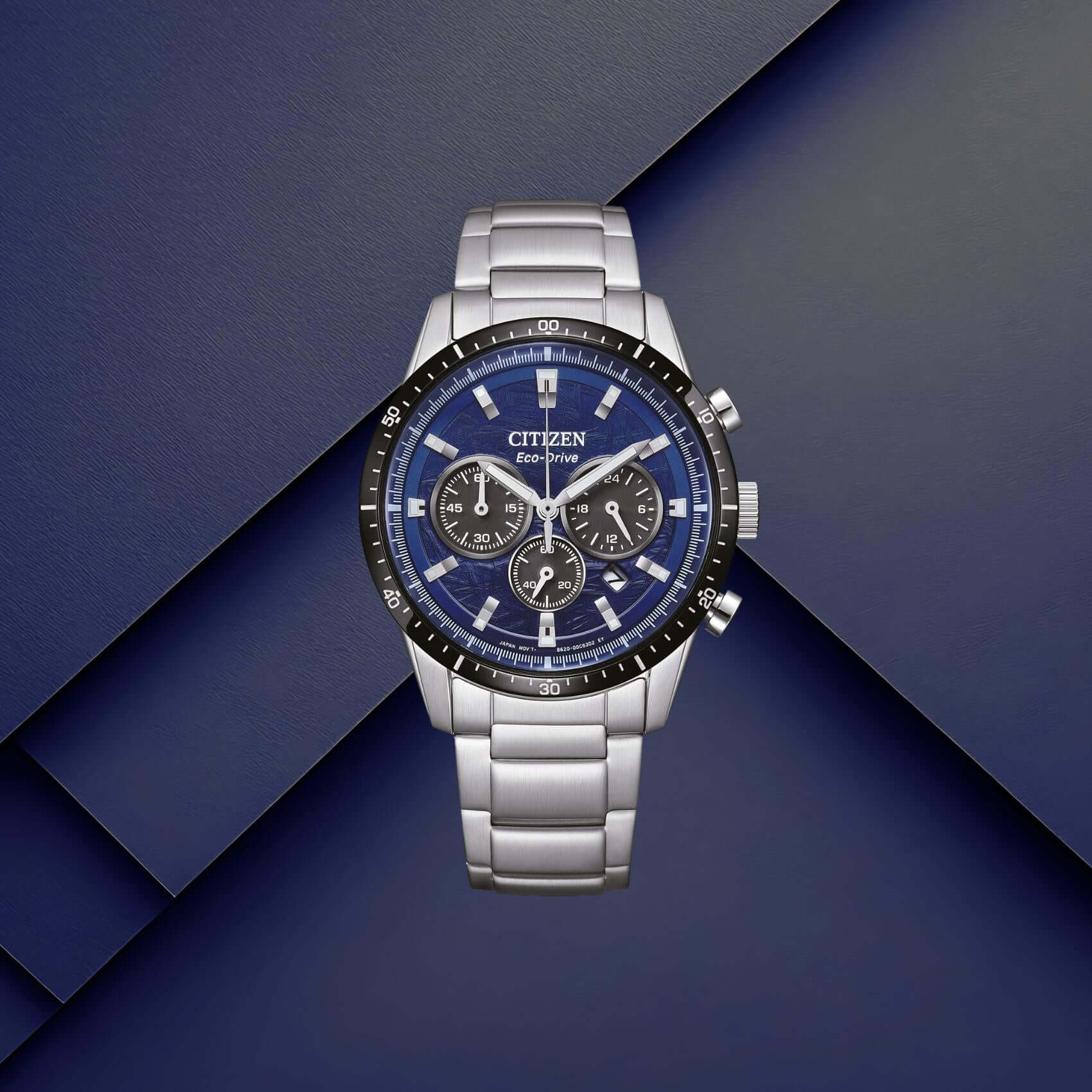 Ανδρικό ρολόι Citizen Eco-Drive CA4624-56L με μπλε καντράν 39mm, χρονογράφο, ένδειξη ημερομηνίας και ασημί μπρασελέ.