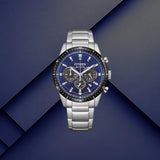Ανδρικό ρολόι Citizen Eco-Drive CA4624-56L με μπλε καντράν 39mm, χρονογράφο, ένδειξη ημερομηνίας και ασημί μπρασελέ.