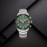 Ανδρικό ρολόι Citizen Eco-Drive CA4624-56X με πράσινο καντράν 39mm, χρονογράφο, ένδειξη ημερομηνίας και ασημί μπρασελέ.