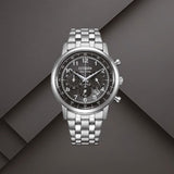 Ανδρικό ρολόι Citizen Eco-Drive CA4630-53E με μαύρο καντράν 42mm, χρονογράφο, ένδειξη ημερομηνίας και ασημί μπρασελέ.