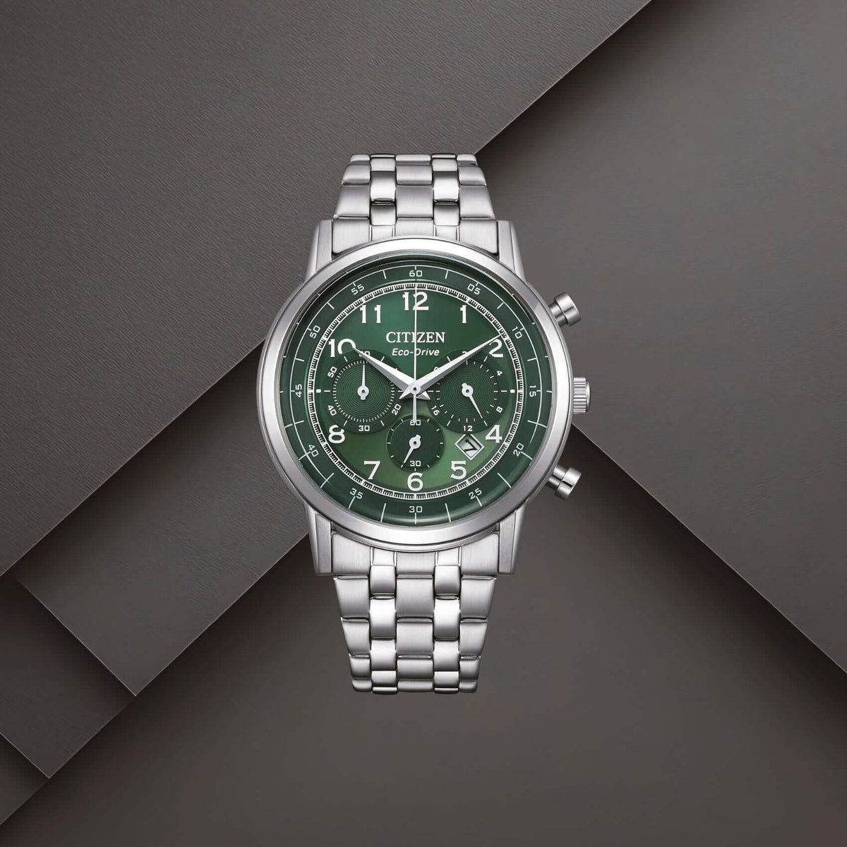 Ανδρικό ρολόι Citizen Eco-Drive CA4630-53X με πράσινο καντράν 42mm, χρονογράφο, ένδειξη ημερομηνίας και ασημί μπρασελέ.