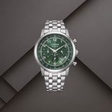 Ανδρικό ρολόι Citizen Eco-Drive CA4630-53X με πράσινο καντράν 42mm, χρονογράφο, ένδειξη ημερομηνίας και ασημί μπρασελέ.