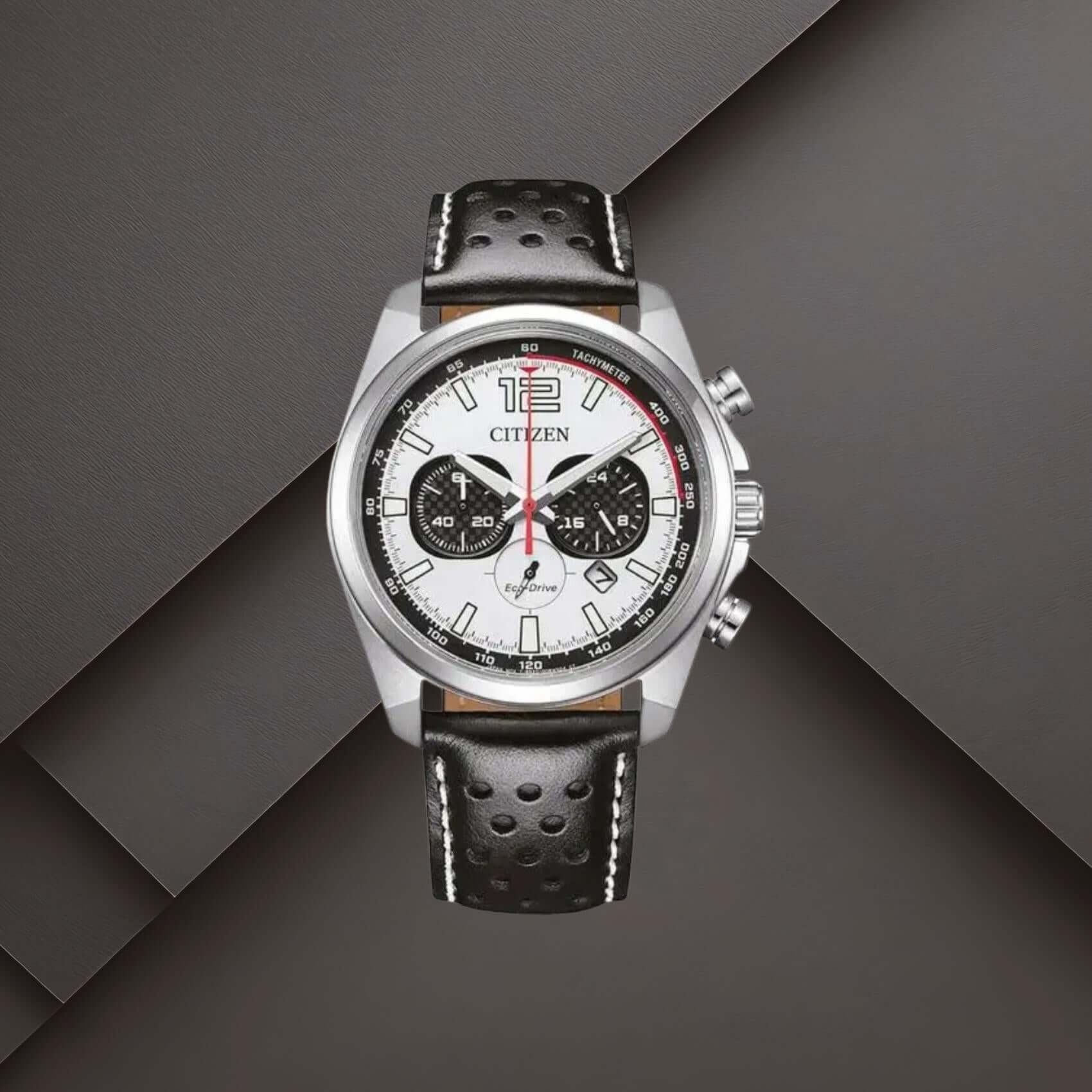 Ανδρικό ρολόι Citizen Eco-Drive CA4640-09A με λευκό καντράν 41mm, χρονογράφο, ένδειξη ημερομηνίας και μαύρο δερμάτινο λουράκι.
