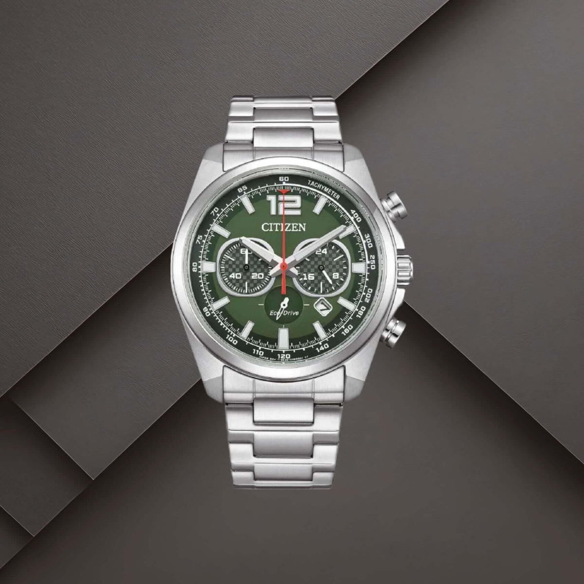 Ανδρικό ρολόι Citizen Eco-Drive CA4640-50X με πράσινο καντράν 41mm, χρονογράφο, ένδειξη ημερομηνίας και ασημί μπρασελέ.