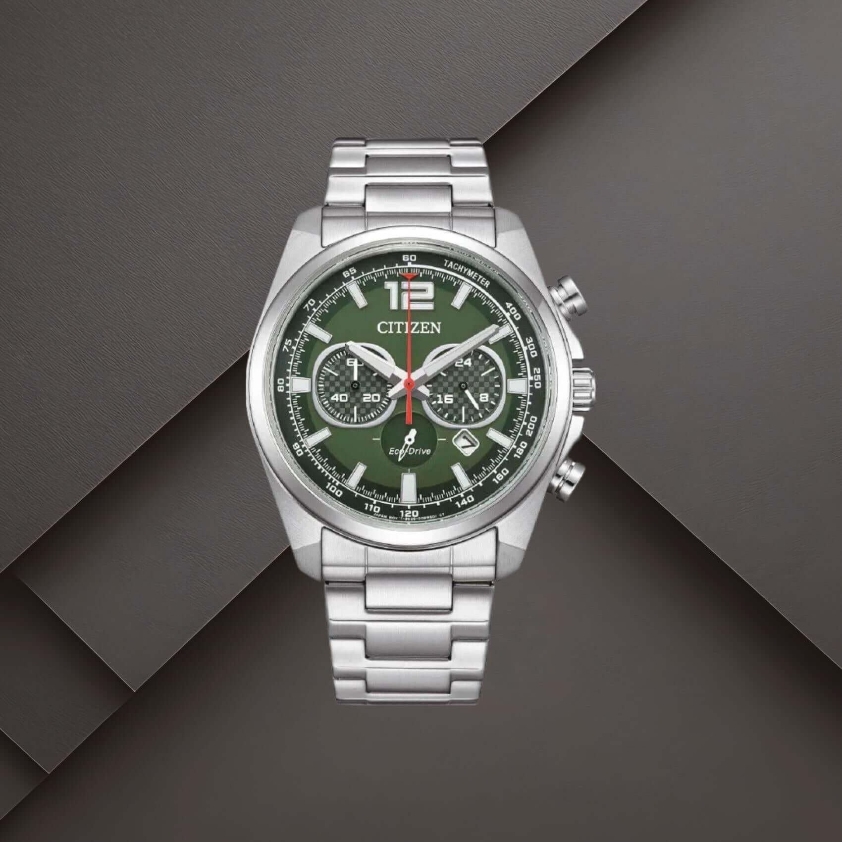 Ανδρικό ρολόι Citizen Eco-Drive CA4640-50X με πράσινο καντράν 41mm, χρονογράφο, ένδειξη ημερομηνίας και ασημί μπρασελέ.