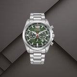 Ανδρικό ρολόι Citizen Eco-Drive CA4640-50X με πράσινο καντράν 41mm, χρονογράφο, ένδειξη ημερομηνίας και ασημί μπρασελέ.