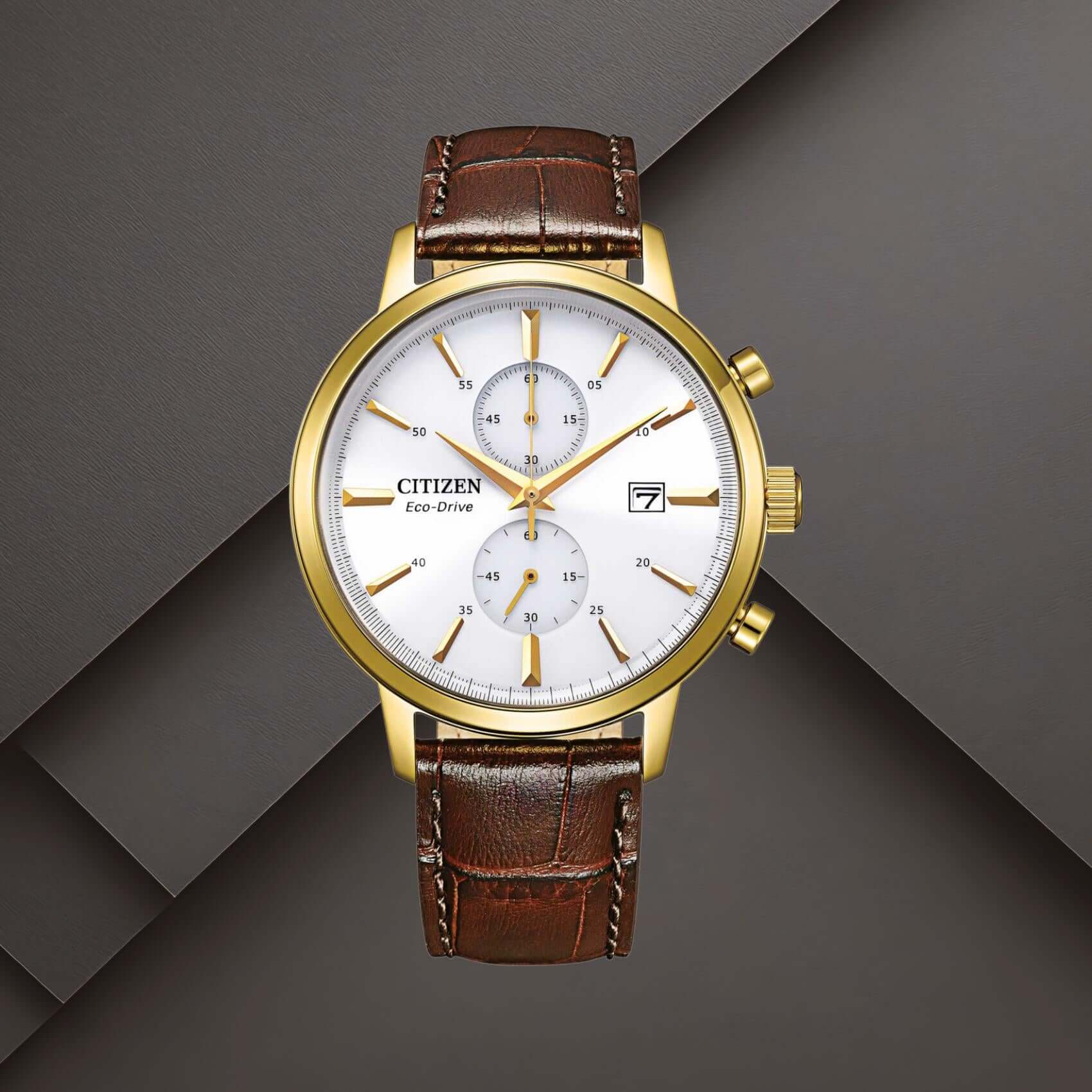 Ανδρικό ρολόι Citizen Eco-Drive CA7062-15A με λευκό καντράν 42mm, χρονογράφο, ένδειξη ημερομηνίας και καφέ δερμάτινο λουράκι.